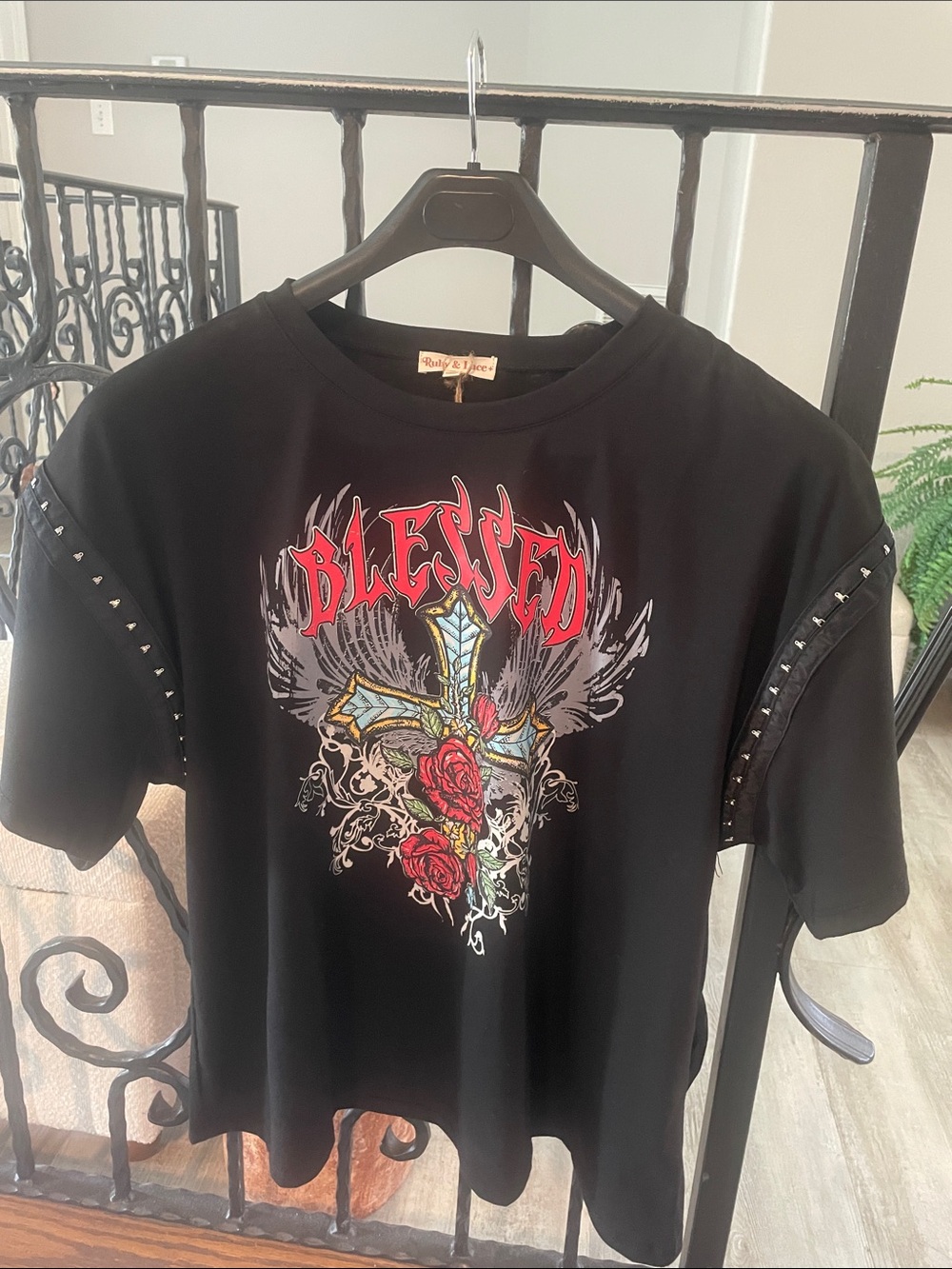 Black 'Blessed' Graphic Short Sleeve Tee with Metal Accent Sleeves